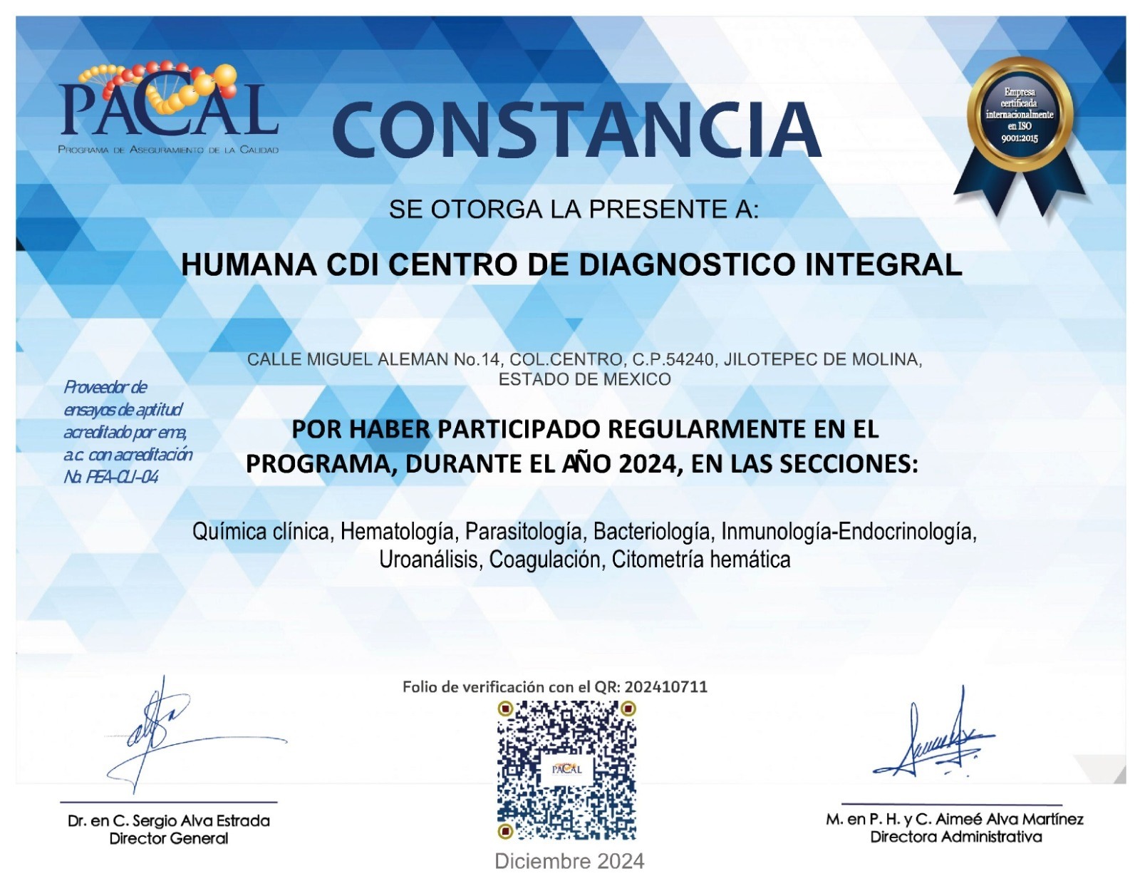 diploma de reconocimiento a laboratorios Humana CDI centro de diagnostico integral, Jilotepec, Canalejas Y Tepeji