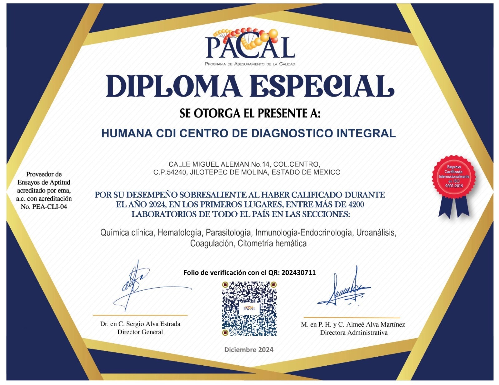 diploma de reconocimiento a humana CDI centro de diagnostico integral analisis clinicos e imagen
