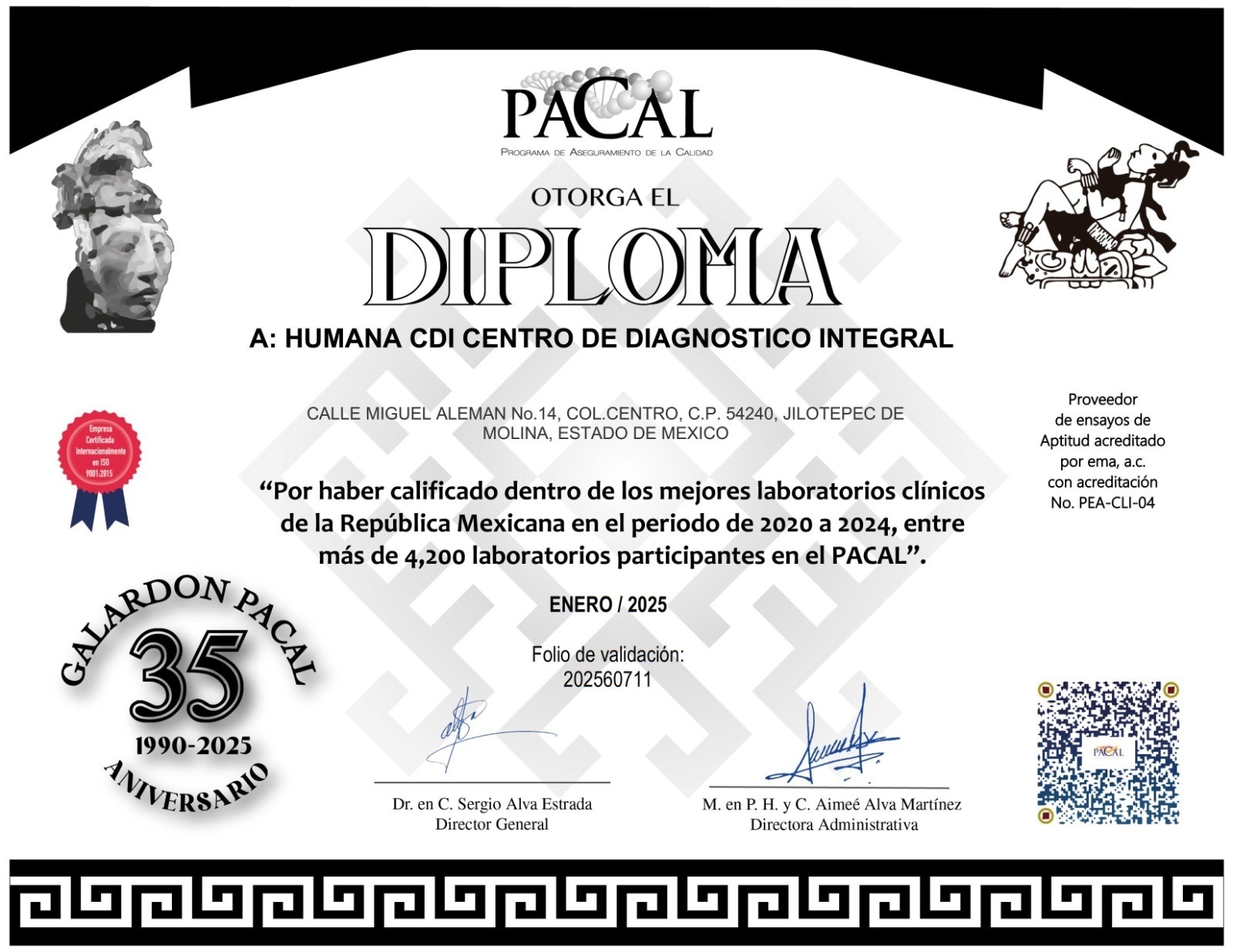 diploma de excelencia a Humana CDI centro de diagnostico integral, Jilotepec, Tepeji y Canalejas